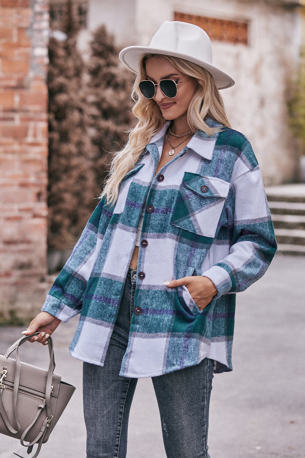 Plaid Long Sleeve Shirt Jacket with Pockets.