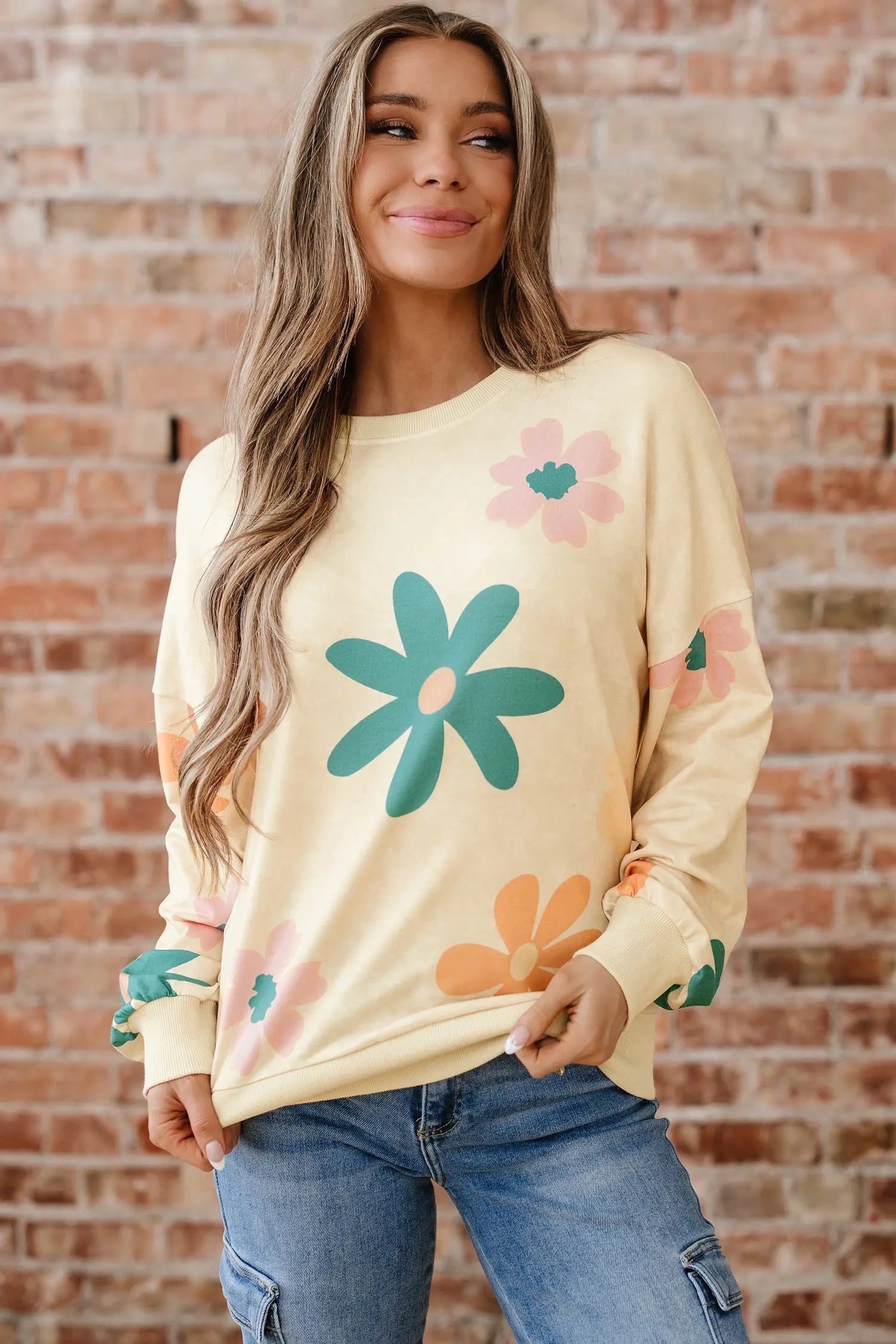 Dear-Lover Khaki Floral Sweatshirt Women's Daily French Terry Pullover - Relaxed Fit Dear-Lover Dropshipping