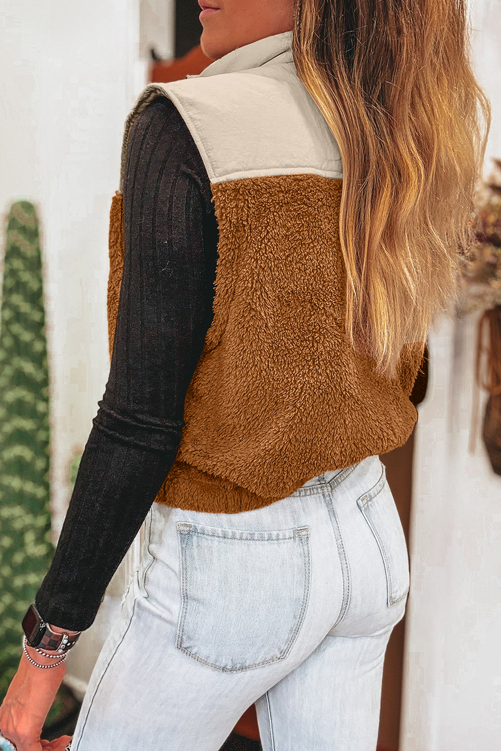Chestnut Color Block Plush Patchwork Zipper Stand Neck Vest For Warm Winter Layering And Cozy Comfort Dear-Lover Dropshipping