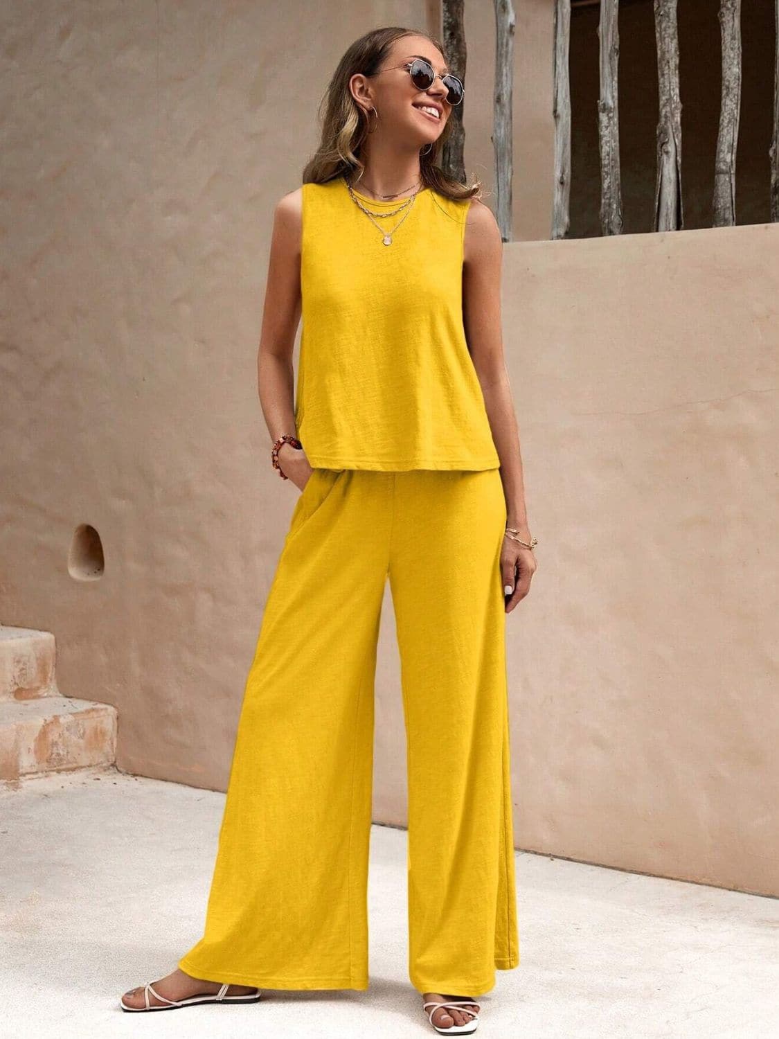 Round Neck Sleeveless Top and Wide Leg Pants Set.