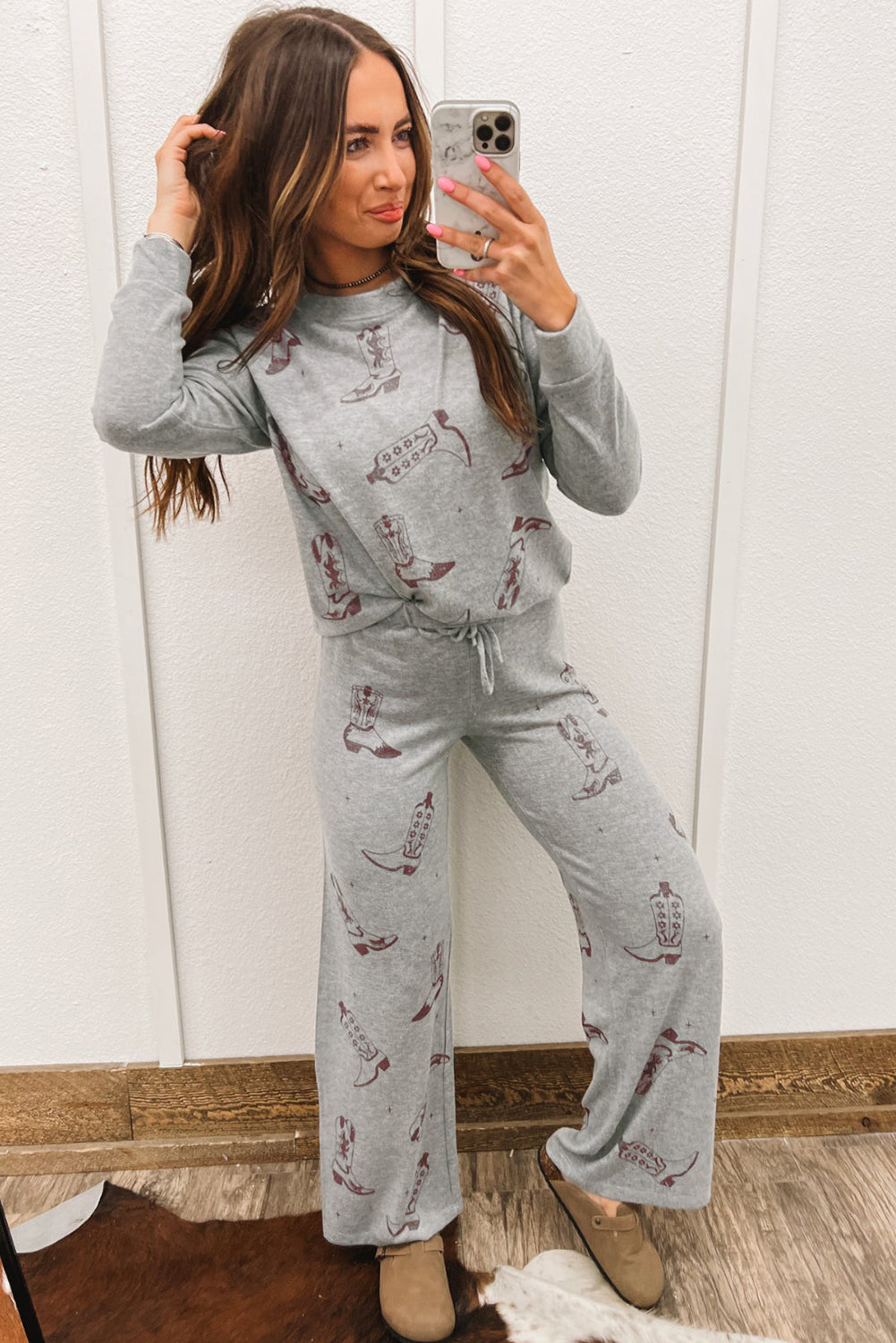 Gray cowgirl boot print lounge set with long sleeve top and adjustable pants