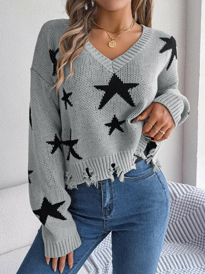 Star Pattern Distressed V-Neck Cropped Sweater.