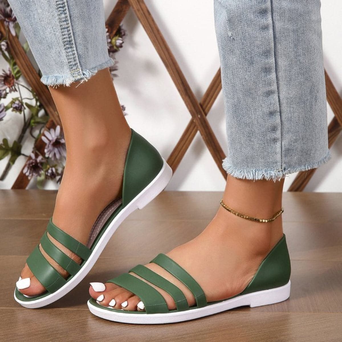 PU Leather Three-Strap Sandals.