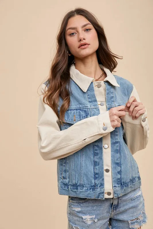 Annie Wear Collared Neck Double Placket Denim Jacket - Love Salve 