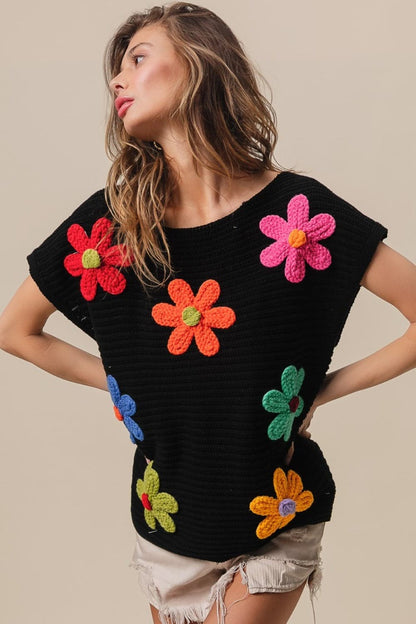 BiBi Flower Round Neck Cap Sleeve Knit Top.