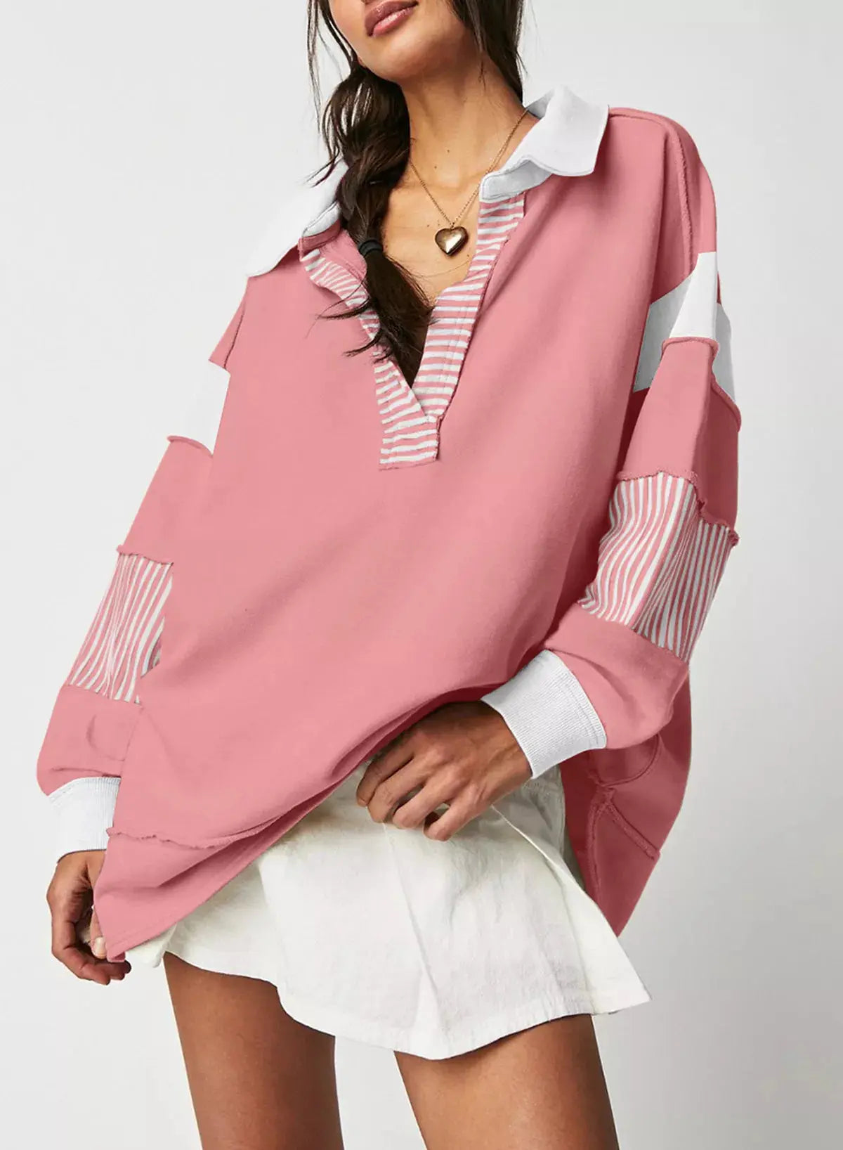 Color Block Striped Johnny Collar Sweatshirt Simply Love