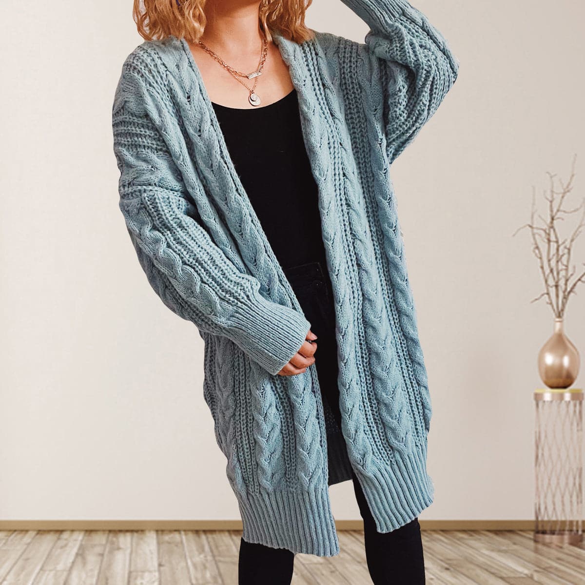 Cable-Knit Open Front Dropped Shoulder Cardigan.