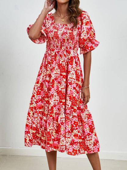 Smocked Floral Square Neck Short Sleeve Dress.