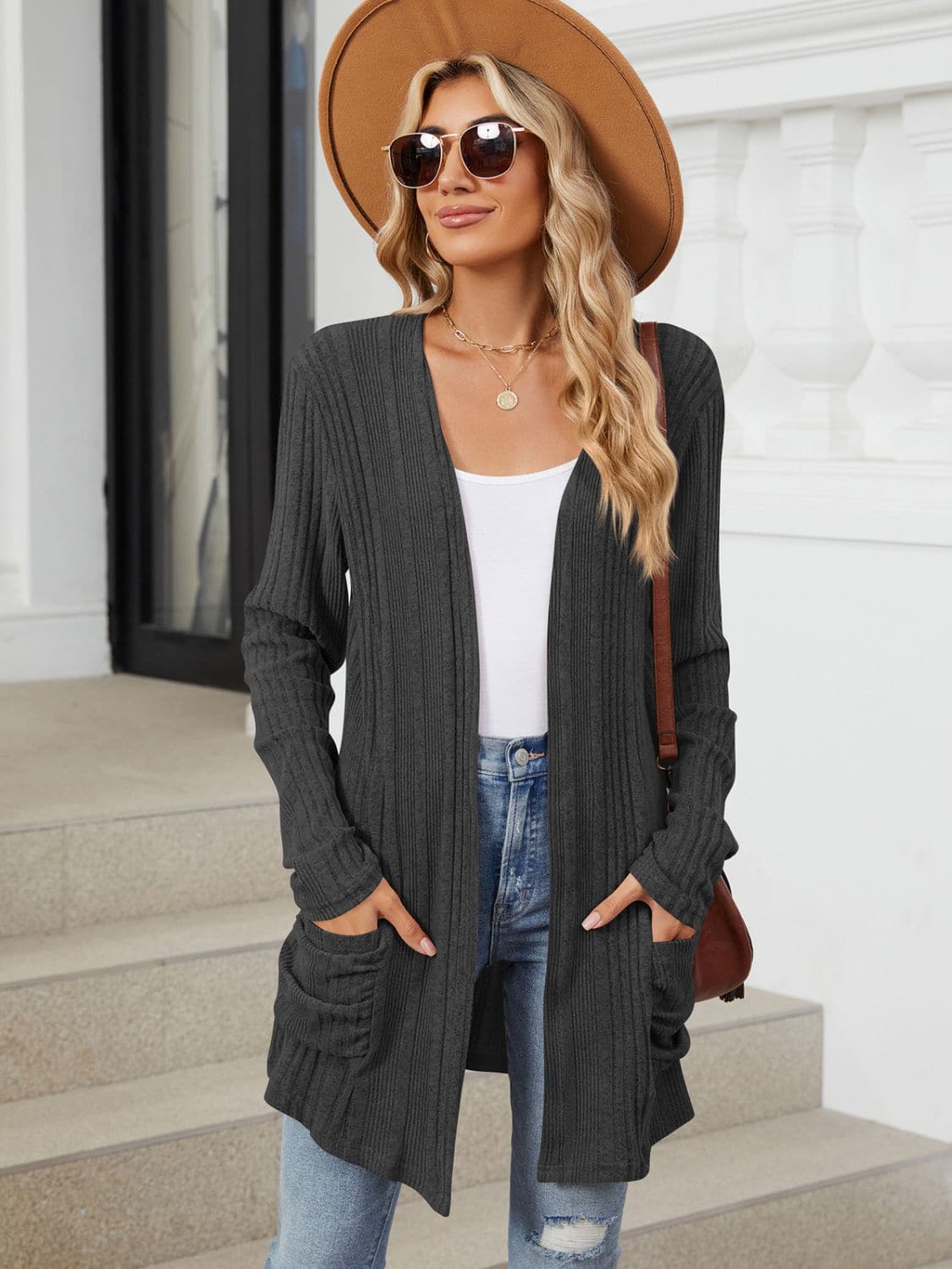 Pocketed Open Front Long Sleeve Cardigan.