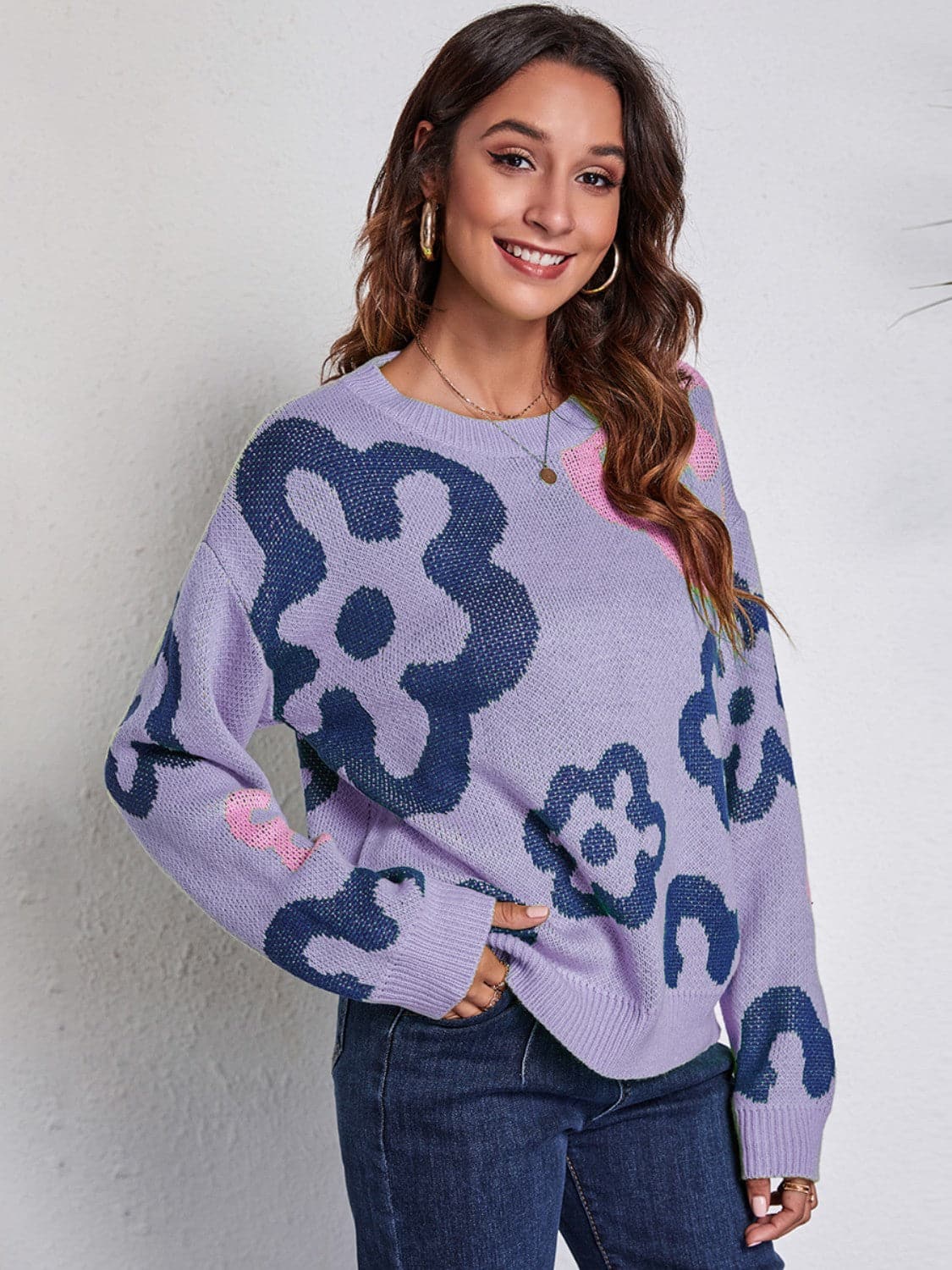 Flower Pattern Round Neck Long Sleeve Sweater.