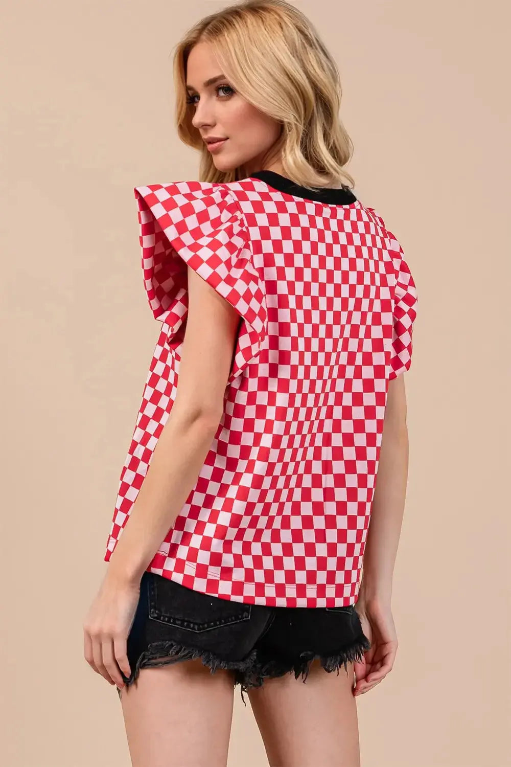 Oh Checkered Round Neck Puff Sleeve Blouse - Love Salve