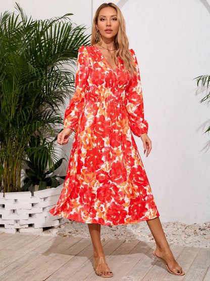 Printed Surplice Long Sleeve Midi Dress.