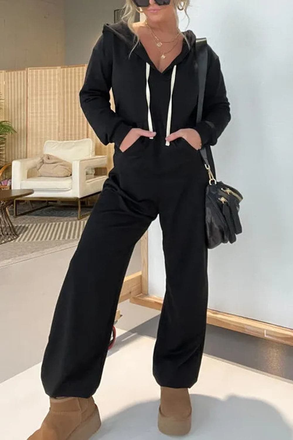 Full Size Drawstring Long Sleeve Jumpsuit.