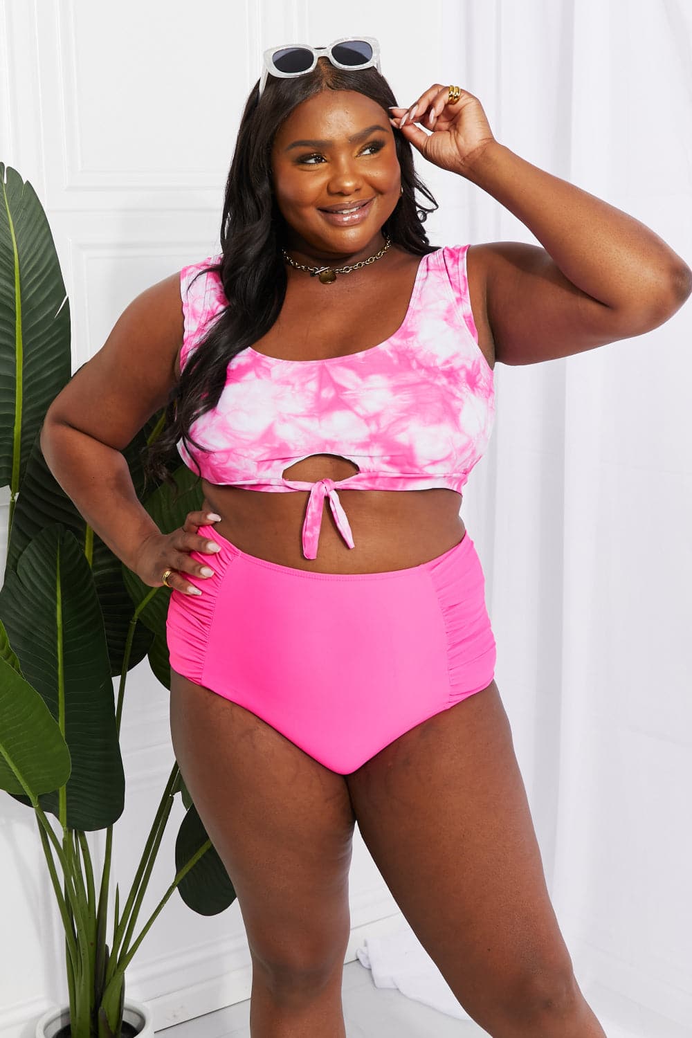 Marina West Swim Sanibel Crop Swim Top and Ruched Bottoms Set in Pink.