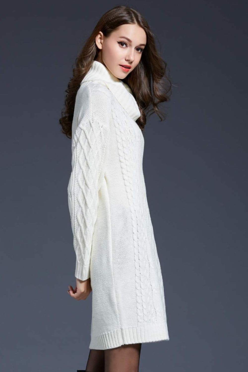 Woven Right Full Size Mixed Knit Cowl Neck Dropped Shoulder Sweater Dress.