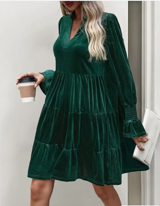 Elegant Velvet Long Sleeve  Solid Color Dress Miss Sparkling