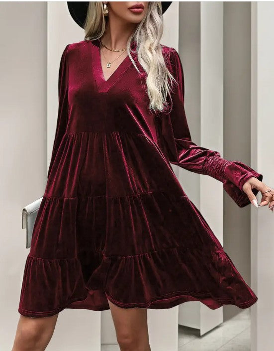 Elegant Velvet Long Sleeve  Solid Color Dress Miss Sparkling