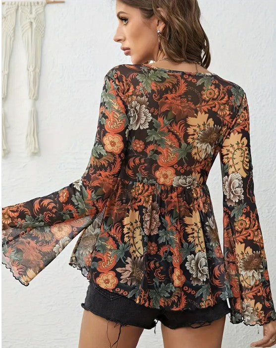 Western Printed Bell Sleeve Blouse Miss Sparkling