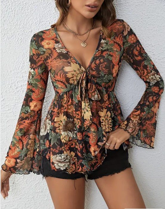 Miss Sparkling Western Printed Bell Sleeve Blouse, a detailed view of the intricate Western print and the elegant bell sleeve