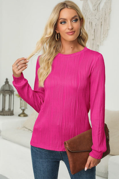 Textured Round Neck Long Sleeve Blouse.