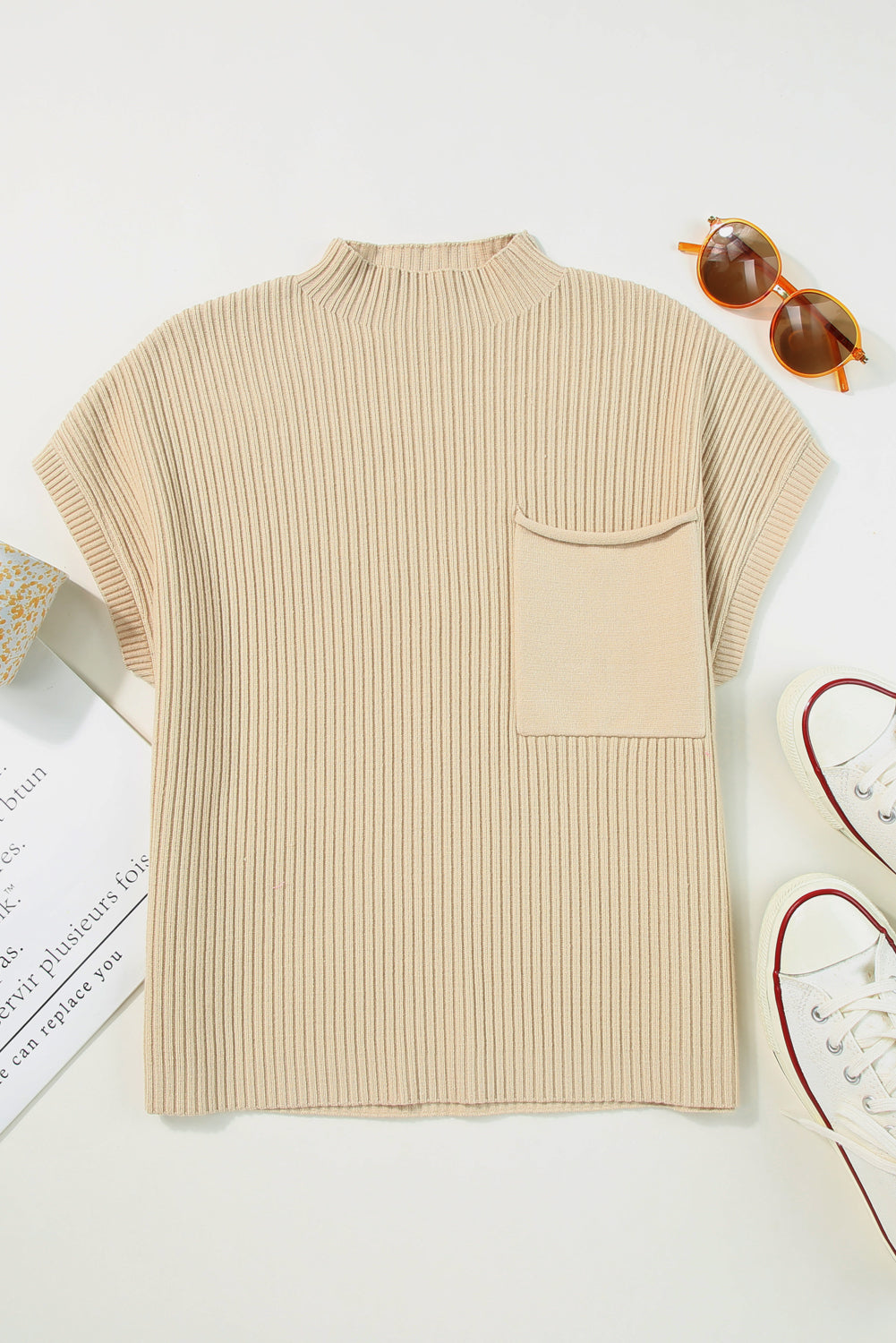 Chic oatmeal ribbed knit sweater with patch pocket