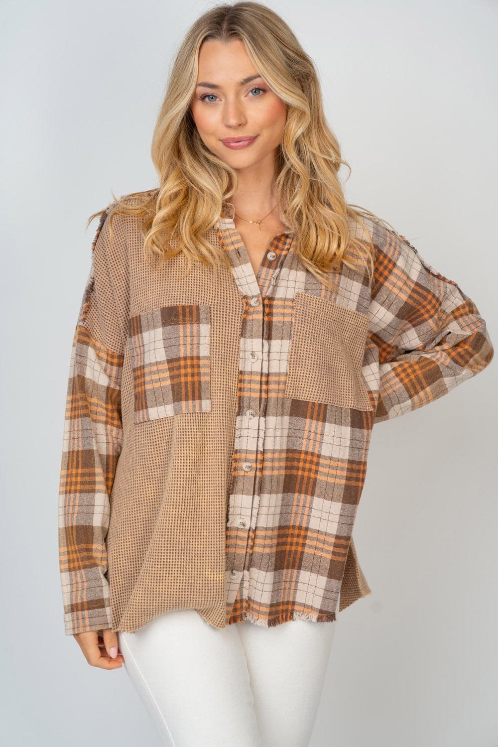 White Birch Full Size Contrast Plaid Button Down Shirt.