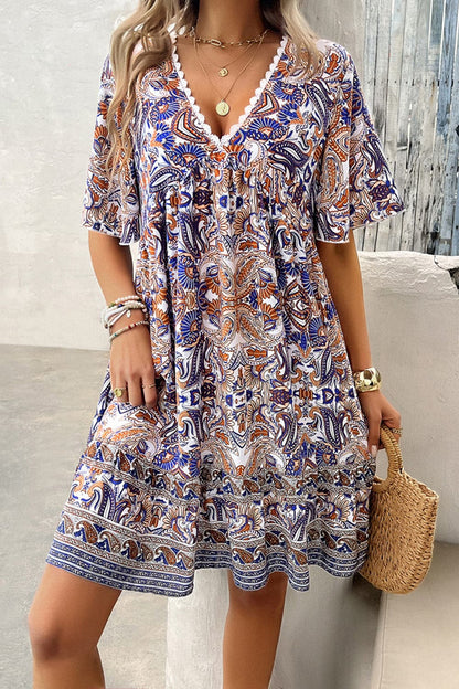 Printed V-Neck Half Sleeve Mini Dress.