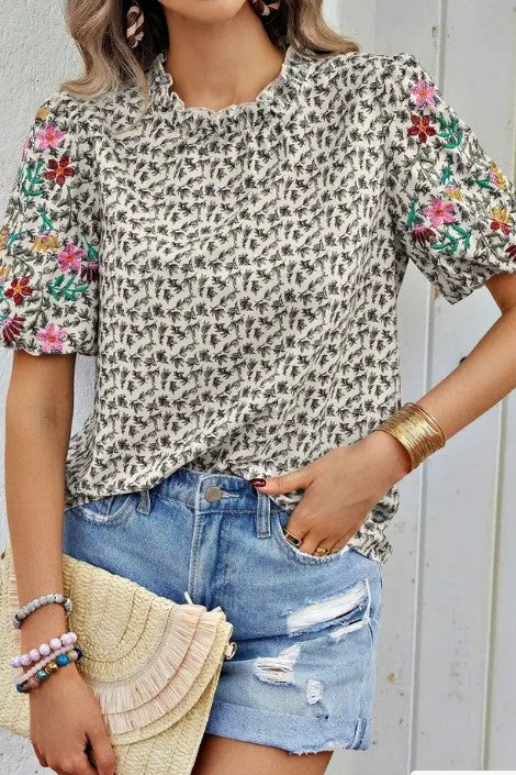 Miss Sparkling Floral Patchwork Short-Sleeve Top