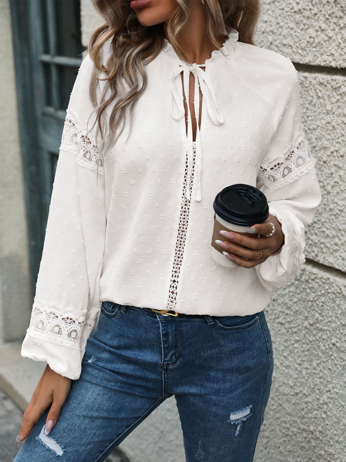 Lace Detail Tie Neck Long Sleeve Blouse.