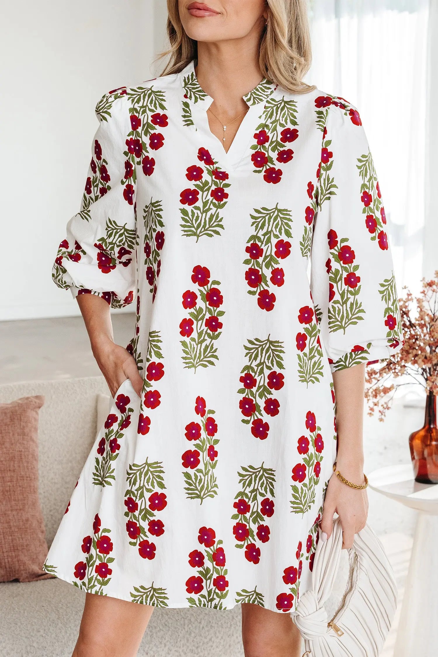 White Floral Print V Neck Three Quarter Sleeve Loose Mini Dress Dear-Lover Dropshipping