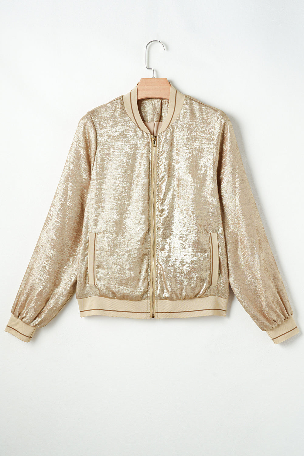 Shimmering pale khaki metallic baseball jacket with zip closure