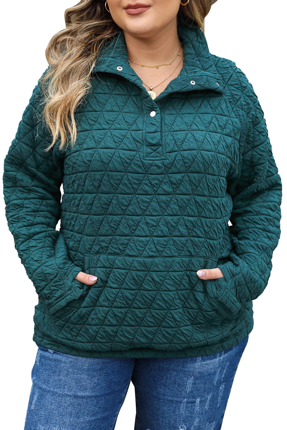 Plus size quilted sweatshirt in blackish green with pocket and button detail