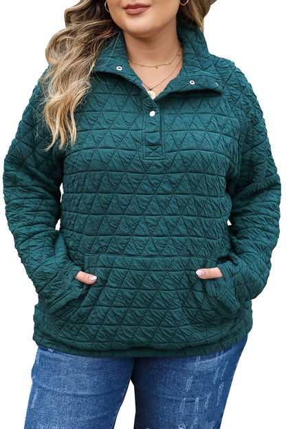 Plus size quilted sweatshirt in blackish green with pocket and button detail