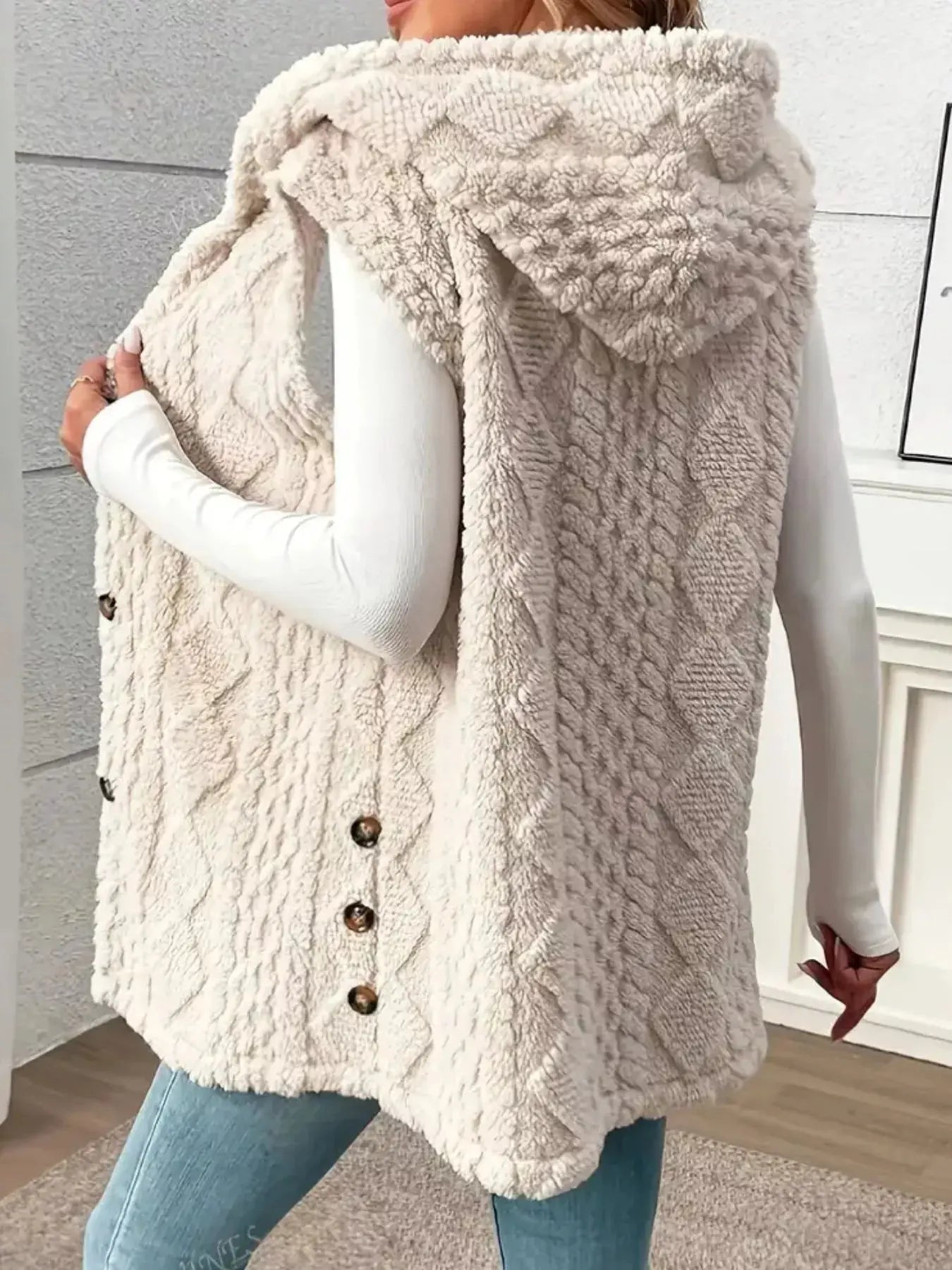 Hooded Button-Up Sherpa Vest Coat Simply Love