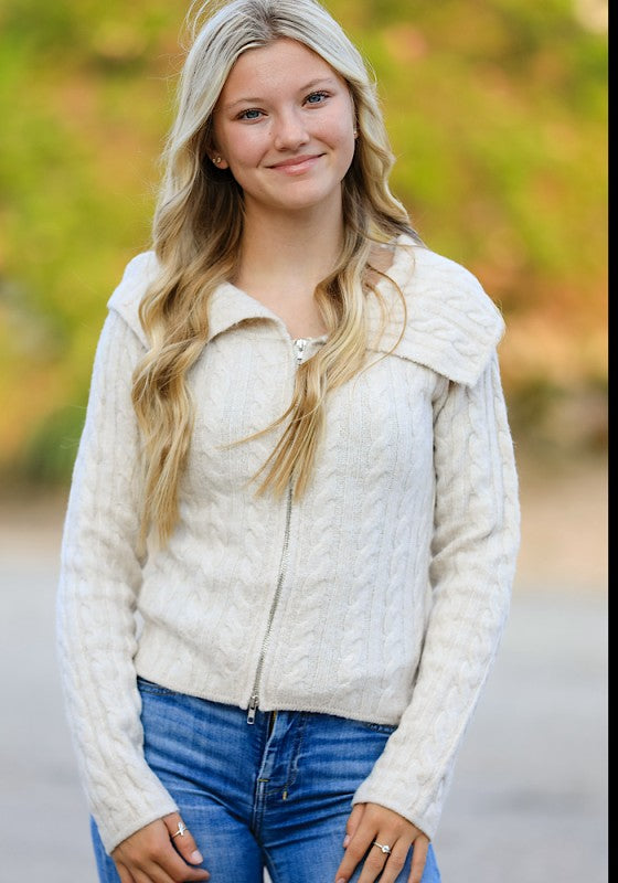 Cable Knit Zip-Up Cardigan Miss Sparkling