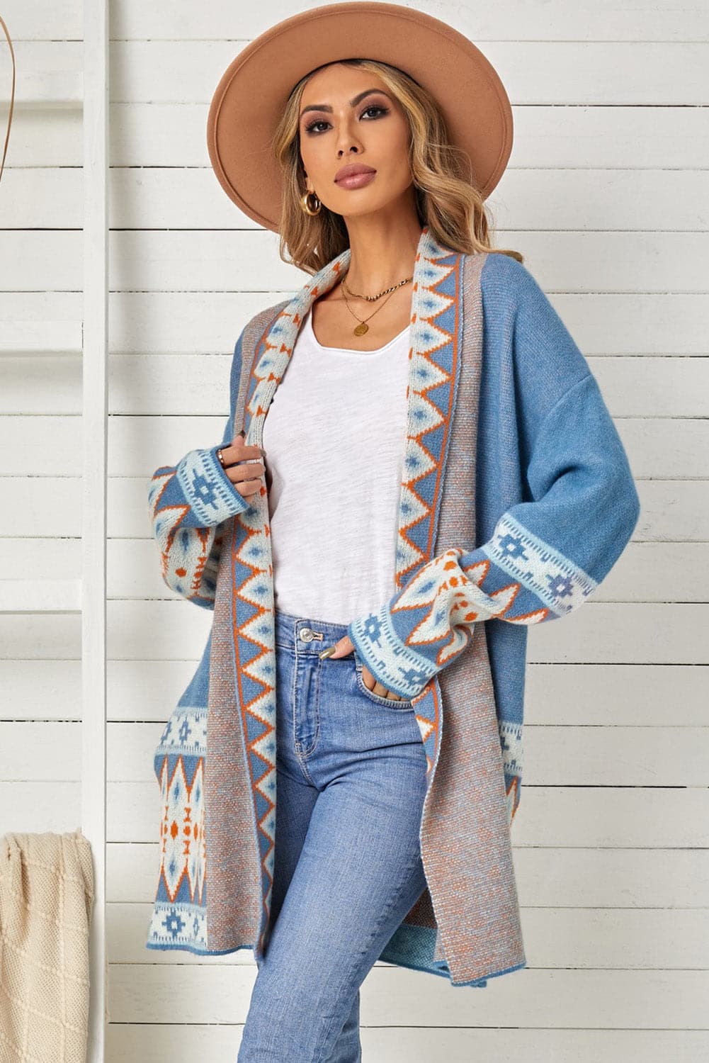 Geometric Open Front Long Sleeve Cardigan.