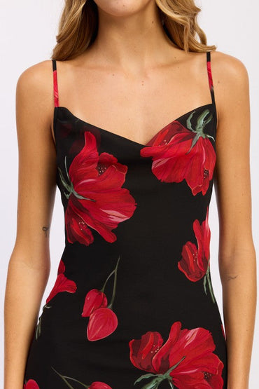 FLORAL PRINTED COWL NECK MAXI DRESS