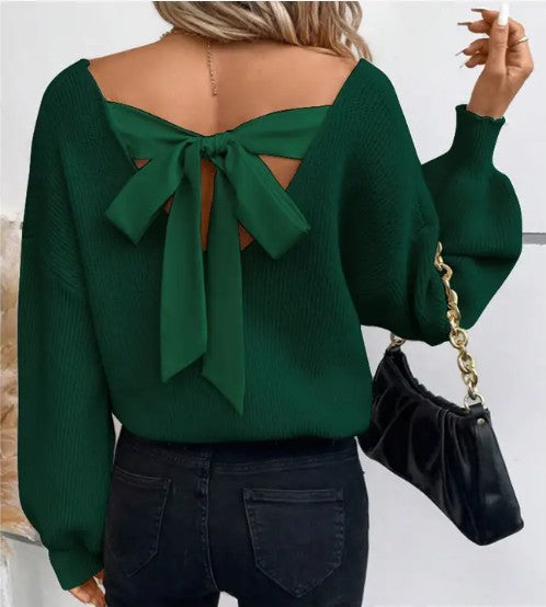 Back Tie Detail V-Neck Sweater Miss Sparkling