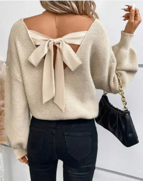 Back Tie Detail V-Neck Sweater Miss Sparkling