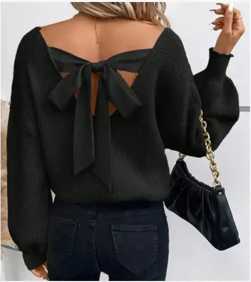 Back Tie Detail V-Neck Sweater Miss Sparkling