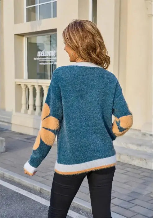 Oversized Floral Patterned Sweater With Large Front Print And Sleeve Accents Miss Sparkling