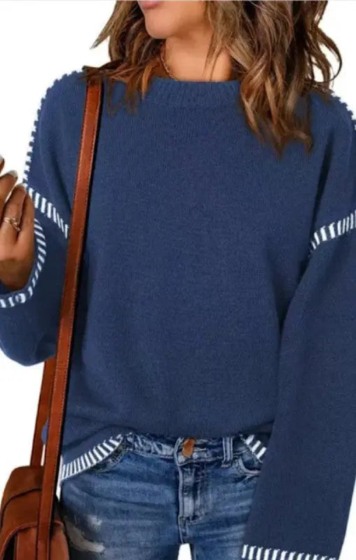 Cable Knit Pullover Sweater With Contrast Trim Details Miss Sparkling