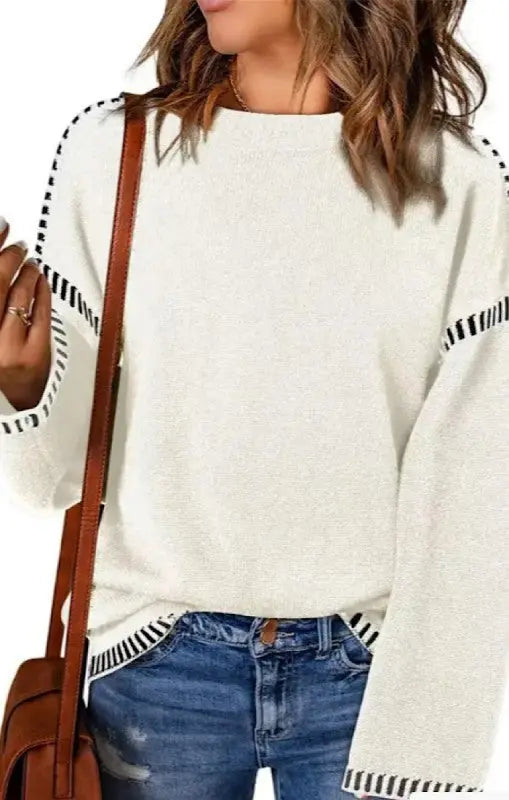 Cable Knit Pullover Sweater With Contrast Trim Details Miss Sparkling