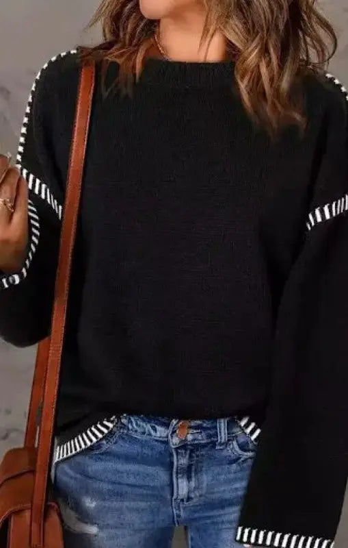 Cable Knit Pullover Sweater With Contrast Trim Details Miss Sparkling