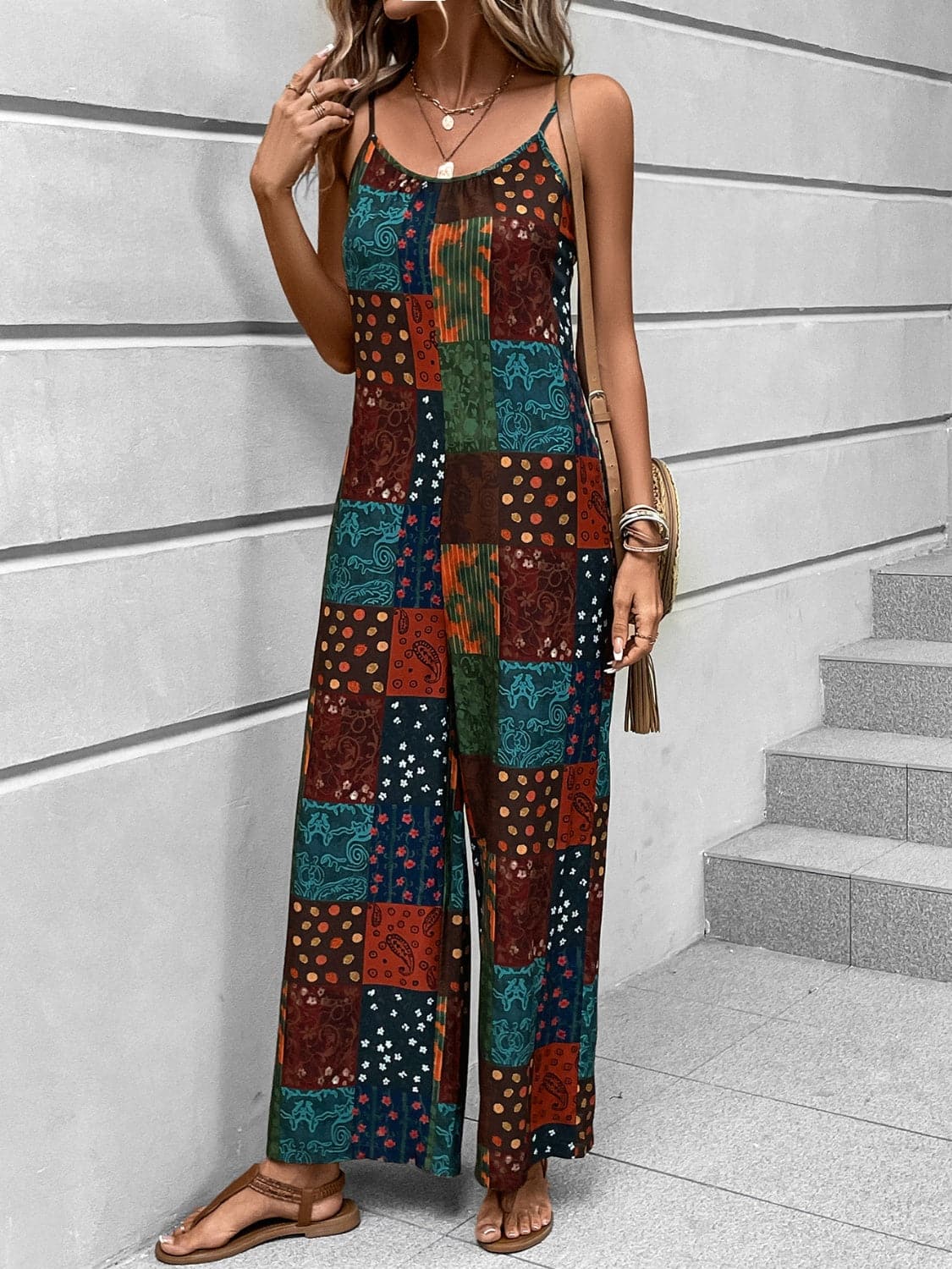 Printed Scoop Neck Spaghetti Strap Jumpsuit.