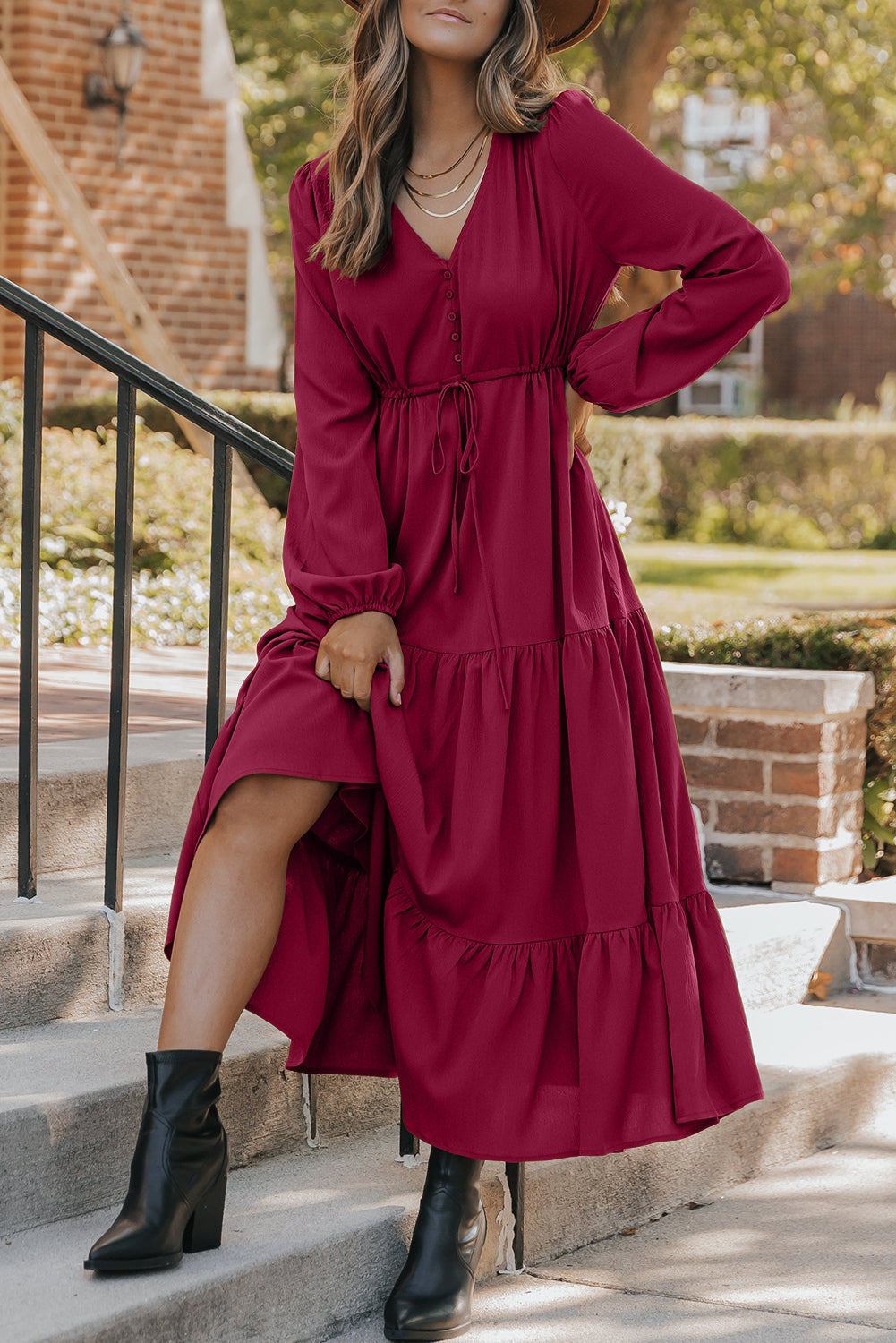 Burgundy Solid Long Sleeve Button Front V Neck Tiered Maxi Dress For Women Dear-Lover Dropshipping