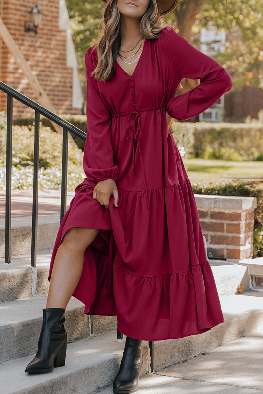 Burgundy Solid Long Sleeve Button Front V Neck Tiered Maxi Dress For Women Dear-Lover Dropshipping