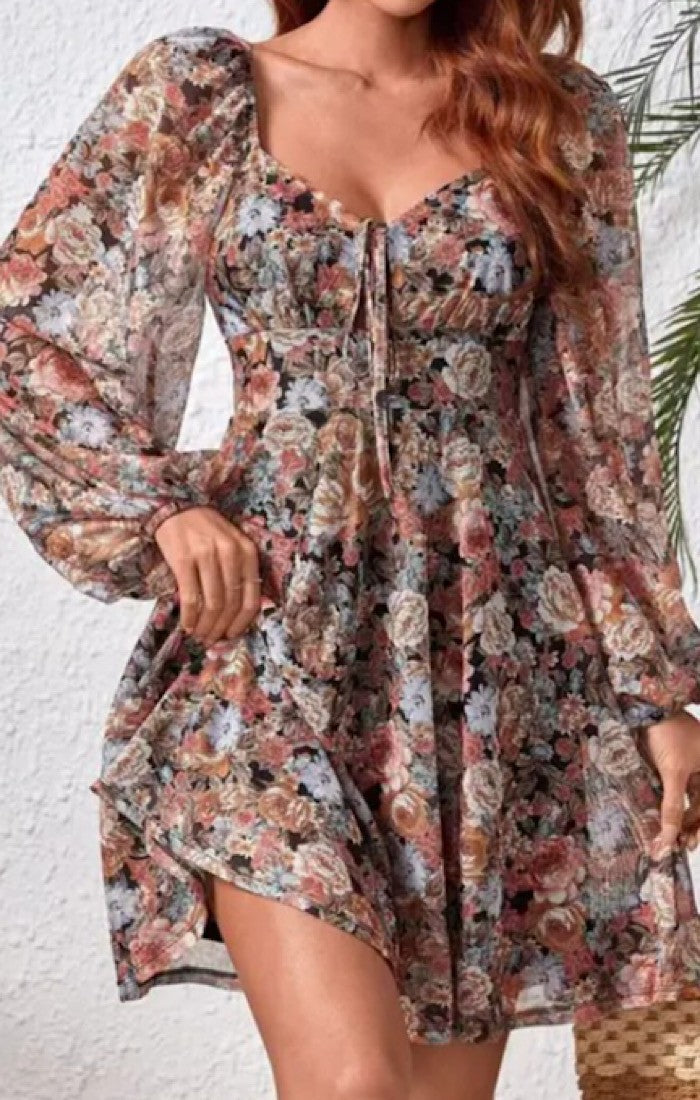 Floral Print Puff Sleeve  Dress Miss Sparkling