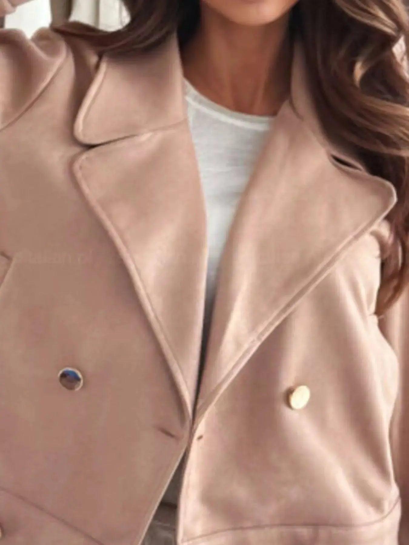 Beige Polyester Double Breasted Lapel Collar Jacket With Pockets Simply Love