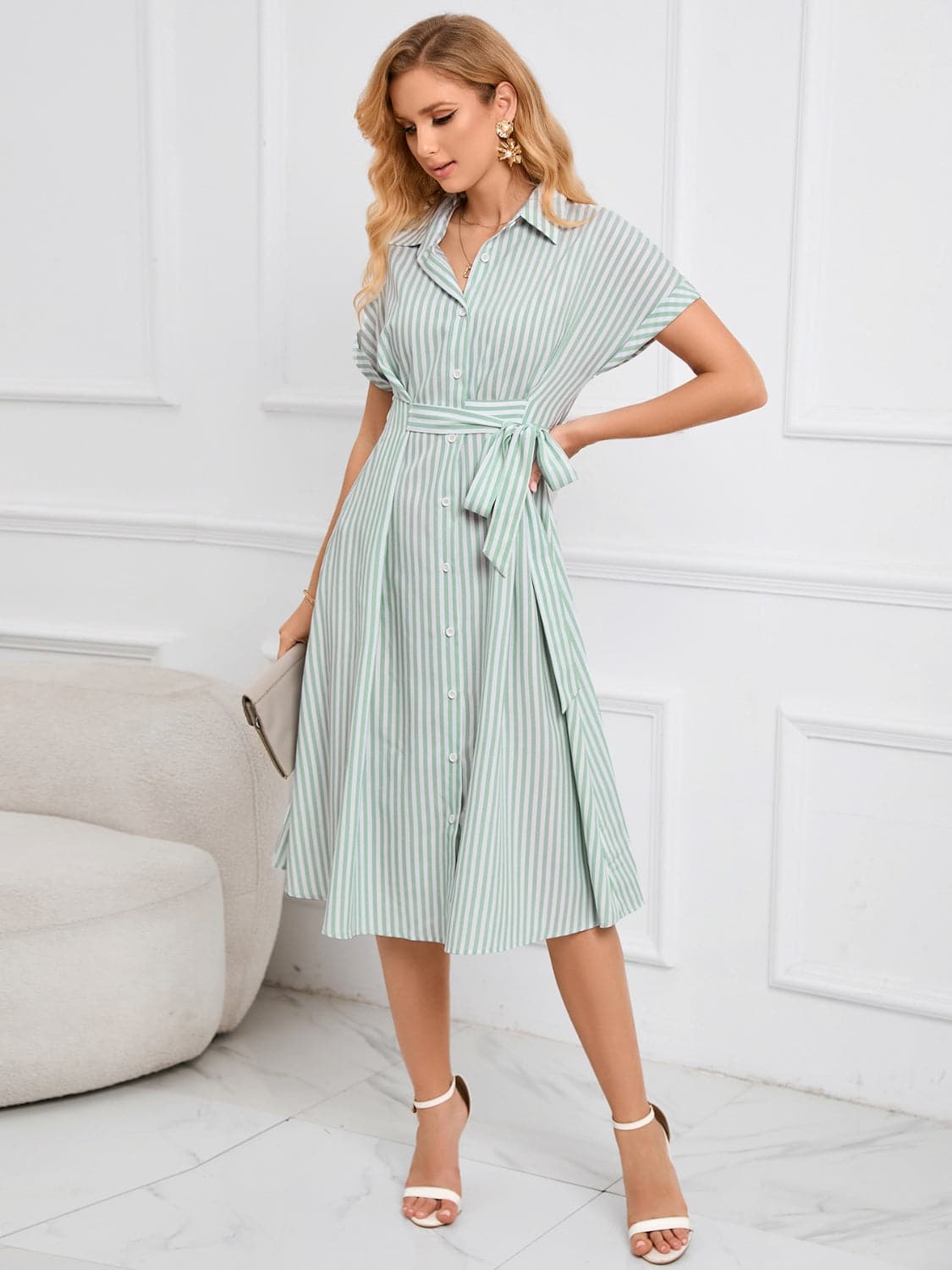 Striped Short Sleeve Tie Waist Midi Dress.